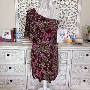 Famosa Paisley Brown Purple One Shoulder Dress